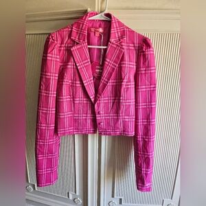 Pink cropped plaid blazer